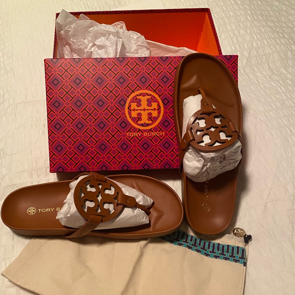 Tory Burch Miller Cloud Calf Leather Sandals Ages Camello Size 10